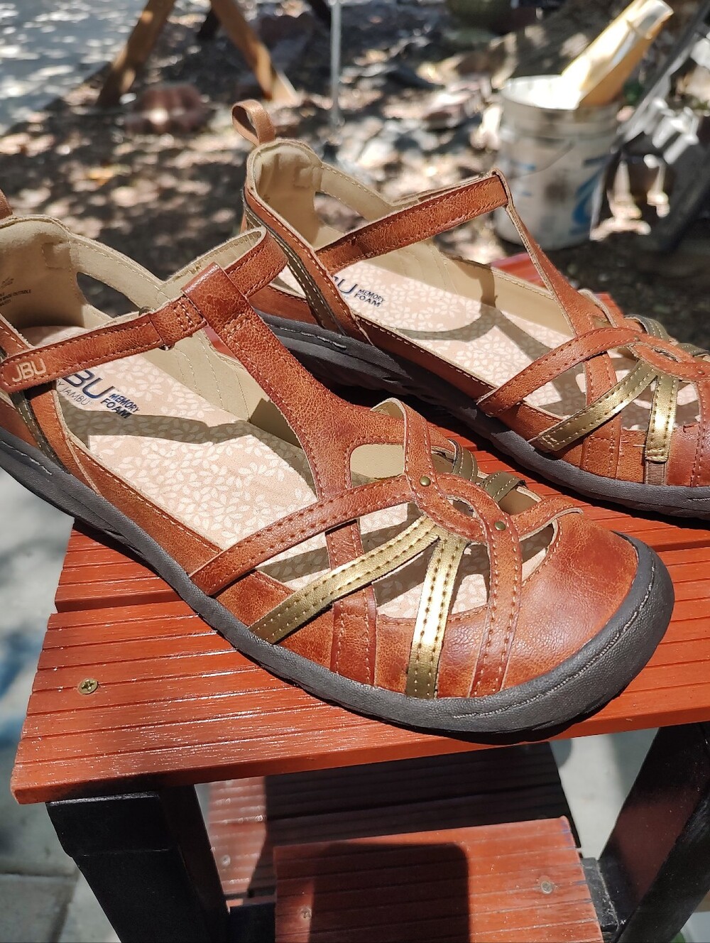 Jambu Women’s T-Strap Casual Flats in Brown and Gold
